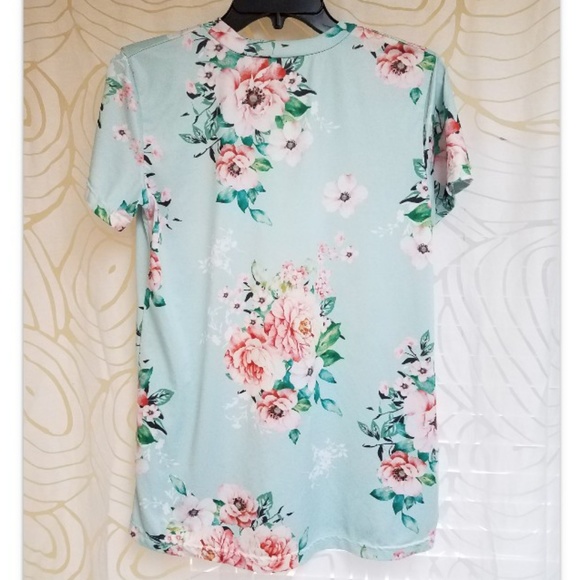 Flower Print Tee Shirt Short Sleeve Chiffon Blouse - Picture 3 of 3